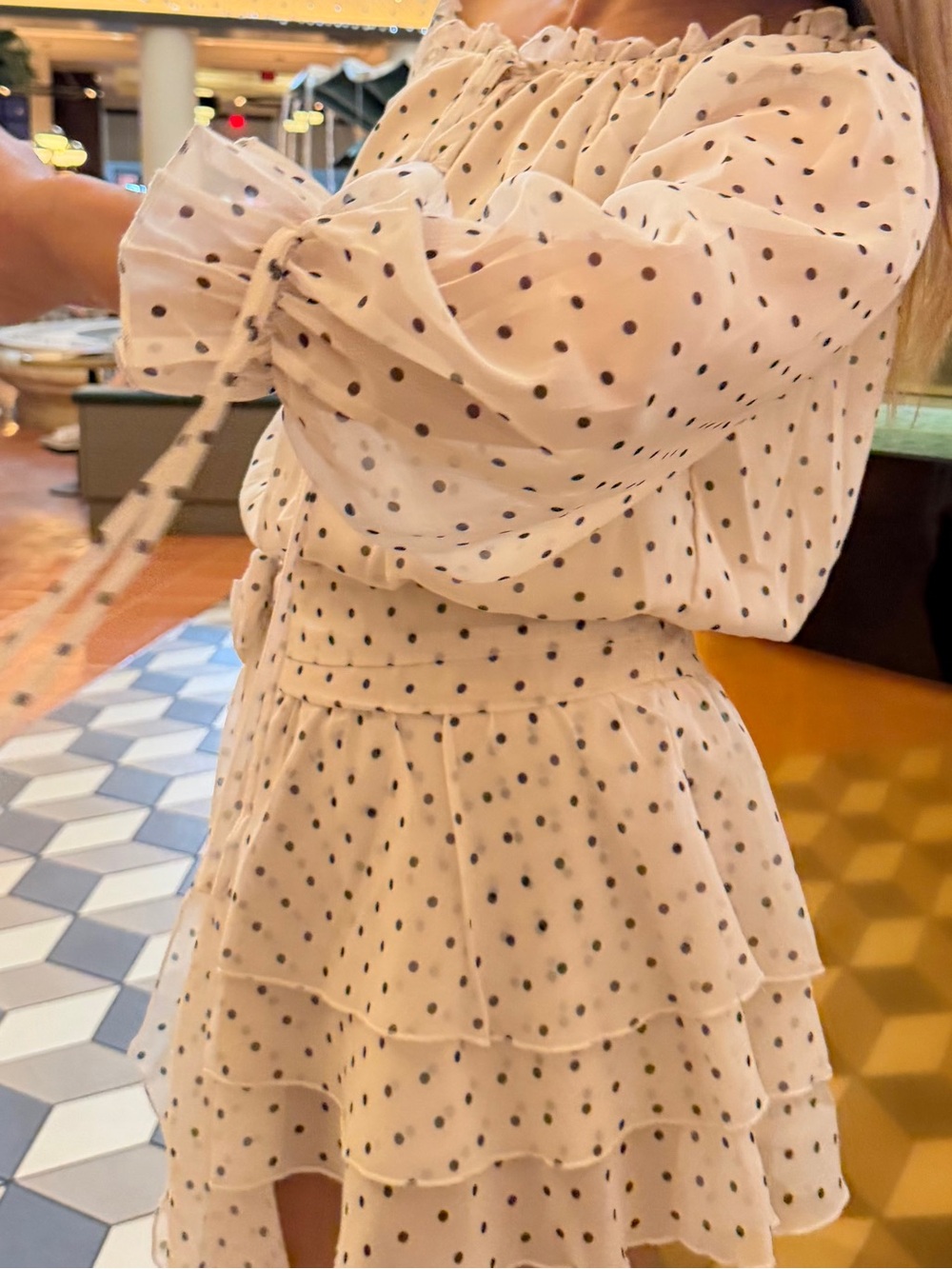Girls' Cream Polka Dot Tiered Dress with Belt - Picture 15 of 16